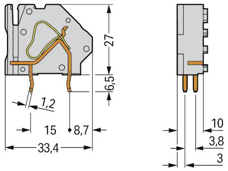 Elektrokomponentendiagramm mit Abmessungen: 33,4 mm Breite, 8,7 mm Tiefe, 27 mm Höhe. Seitenansicht Tiefe 3,8 mm und Höhe 10 mm.