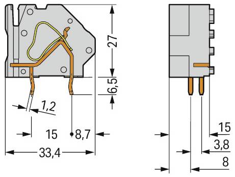 Diagramm einer elektrischen Schalterkomponente mit Abmessungen: 33,4mm Breite, 27mm Höhe, Kontaktabstand von 8,7mm und 6,5mm Tiefe.