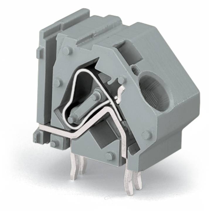 Ein grauer Elektrostecker mit Metallkontakten, der zur Verbindung von Leiterplatten verwendet wird.