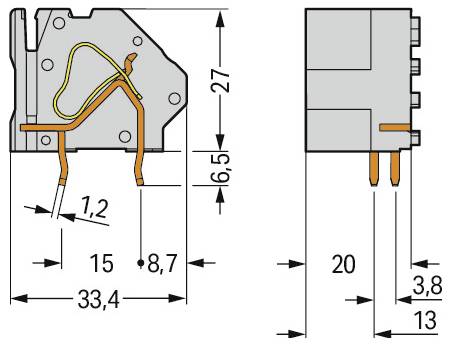 „Diagramm einer elektrischen Komponente mit Abmessungen: 33,4 Breite, 27 Höhe, 15 und 20 Tiefe, mit beschrifteten Drähten und Konstruktionsdetails.