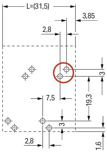 Technisches Diagramm mit Abmessungen und Positionen von Bohrungen in einer rechteckigen Platte. Wichtige Abmessungen umfassen 3,85, 2,8 und 19,3 cm.