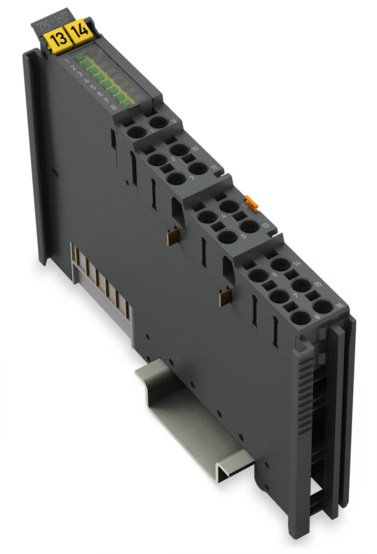 „Ein schwarzes elektronisches Modul mit mehreren Anschlüssen und nummerierten Abschnitten 13 und 14 oben, auf einer metallischen Halterung montiert.