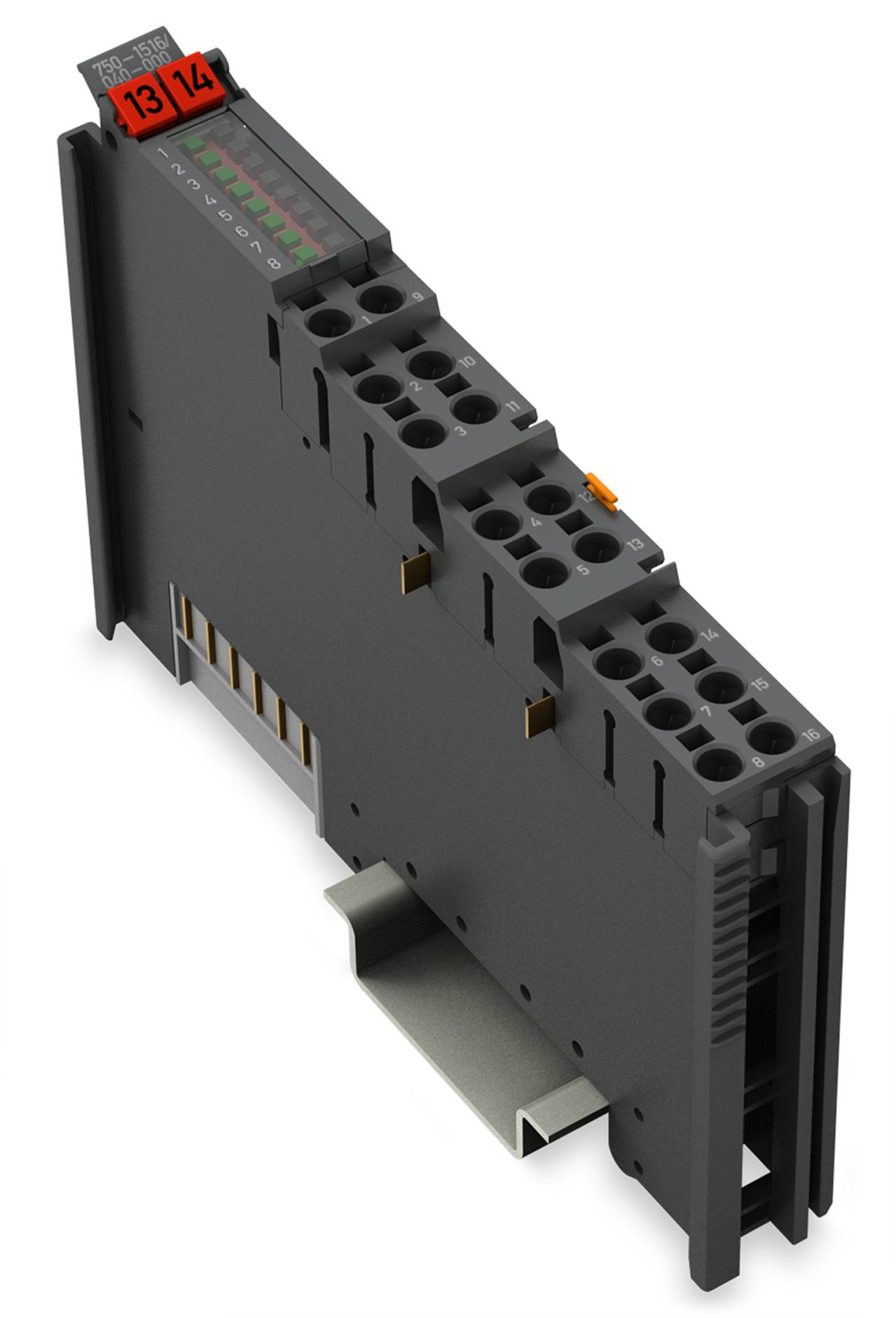 Ein schlankes, schwarzes elektronisches Klemmenbrett mit mehreren Anschlüssen, montiert auf einer Metallschiene. Die oberen Beschriftungen zeigen 13 und 14, mit LED-Anzeigen.