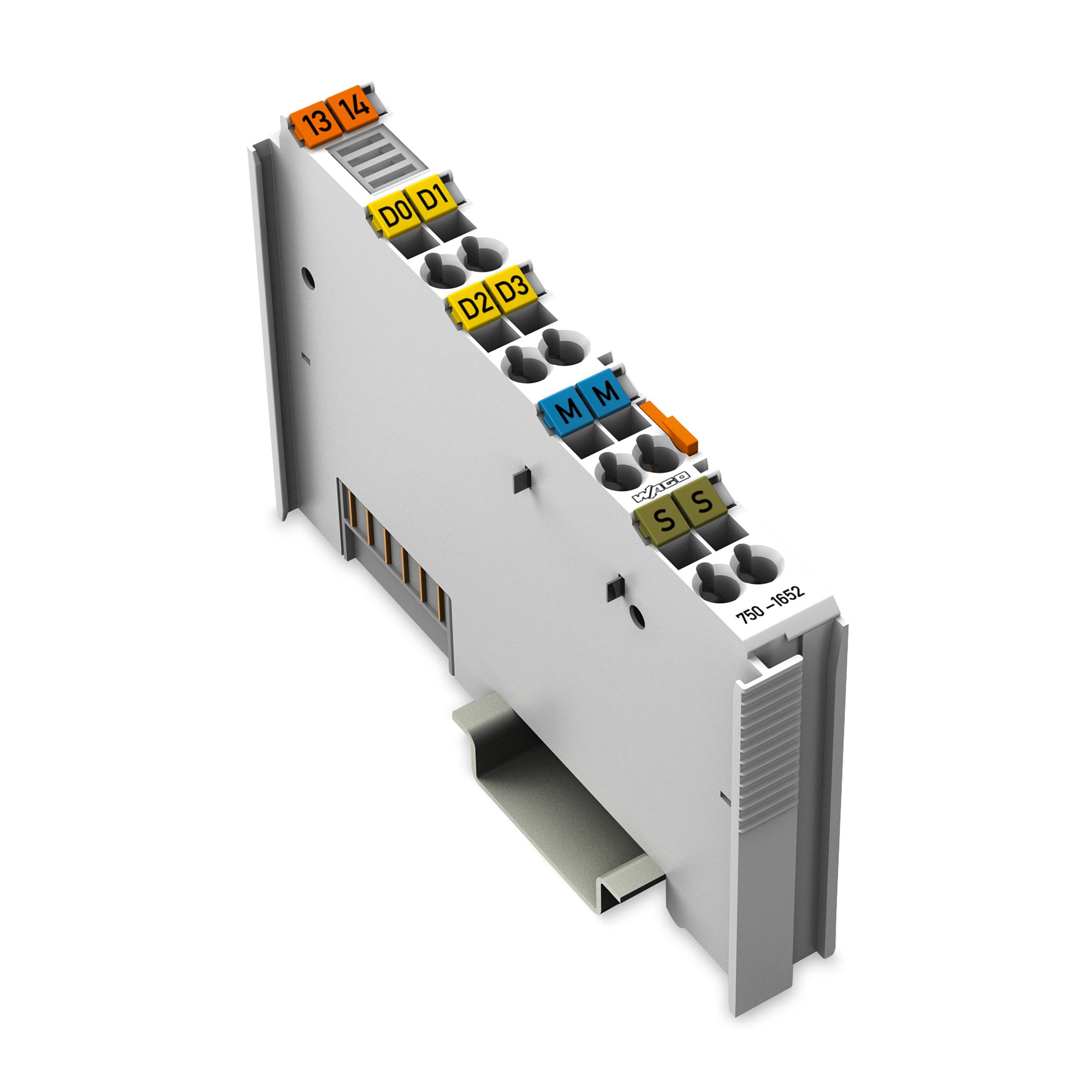 Ein weißes elektronisches Modul mit farbigen Anschlüssen mit den Bezeichnungen „I3