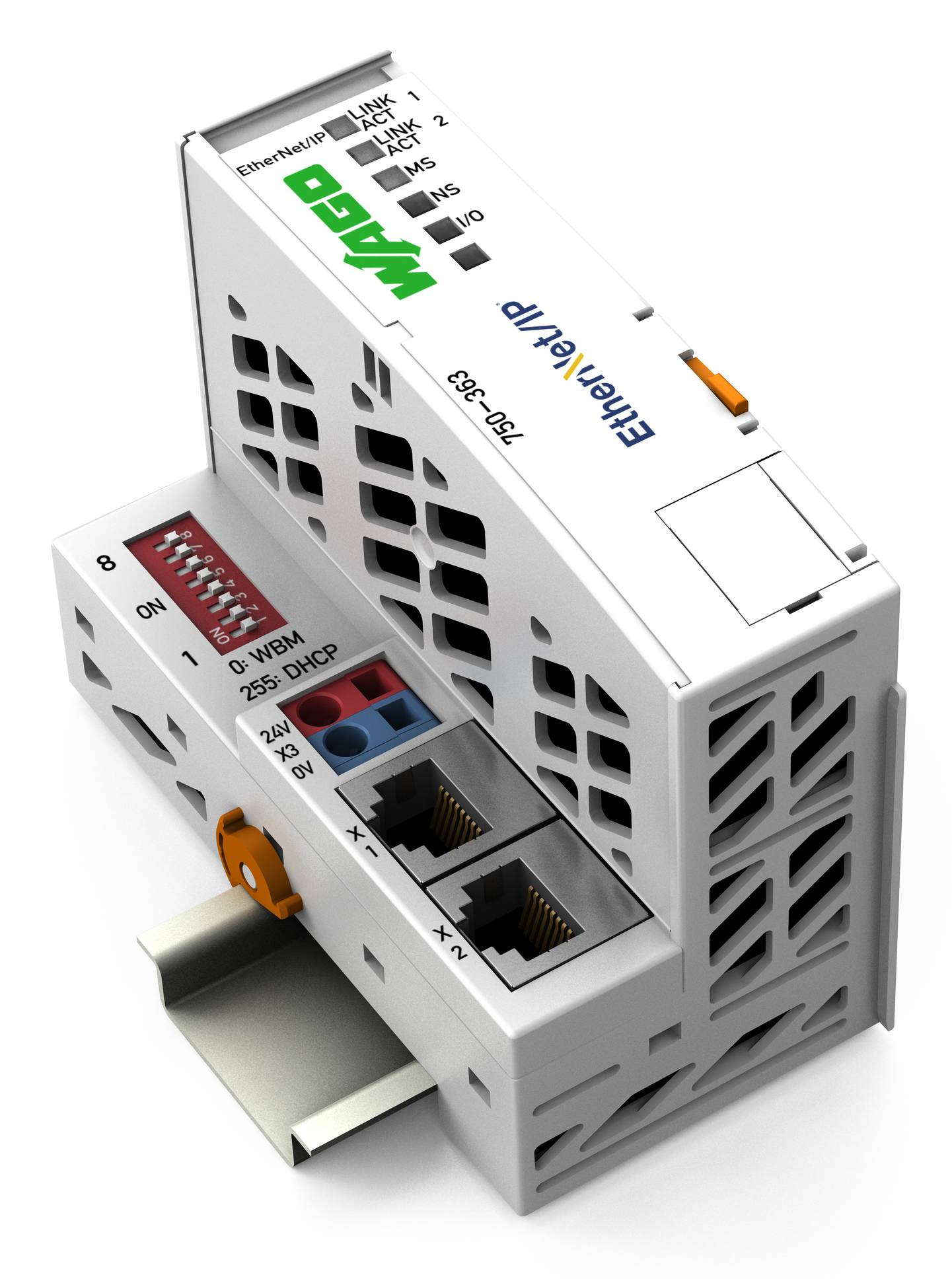 Automatisierungsmodul mit Ethernet- und RS-232-Anschlüssen, konfigurierbar über DIP-Schalter für die Konnektivität von Industriesteuerungssystemen.