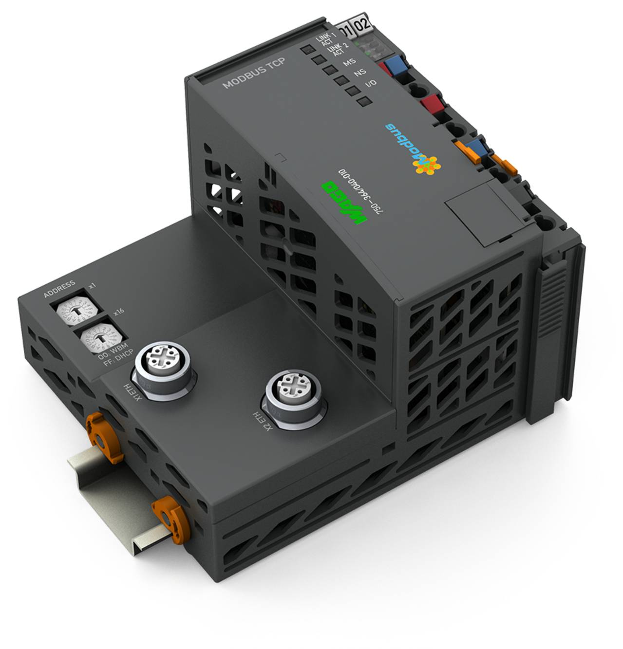 Industrieller Ethernet-Switch, schwarz mit mehreren Anschlüssen, mit der Bezeichnung „MODBUS-TCP