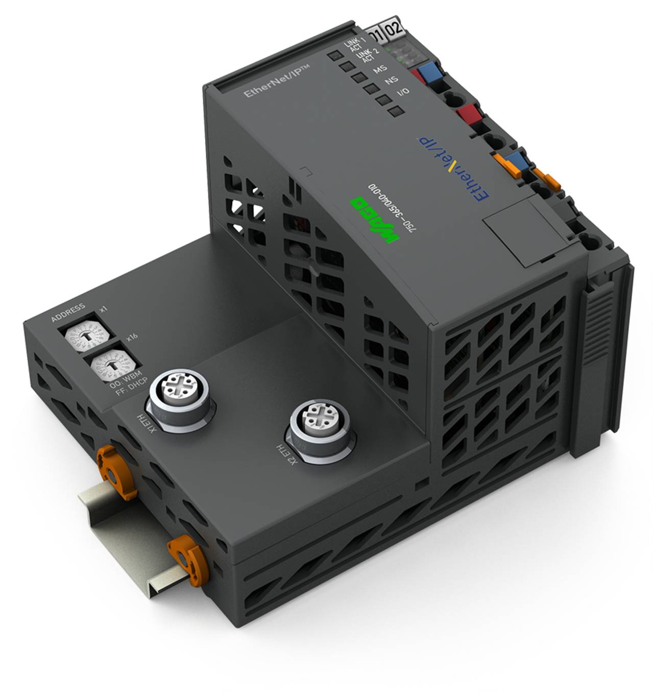 'EnergyX 10' modulares Siemens-Industrienetzgerät mit Anzeigen, Anschlüssen und Branding, geeignet für Fabriksysteme.