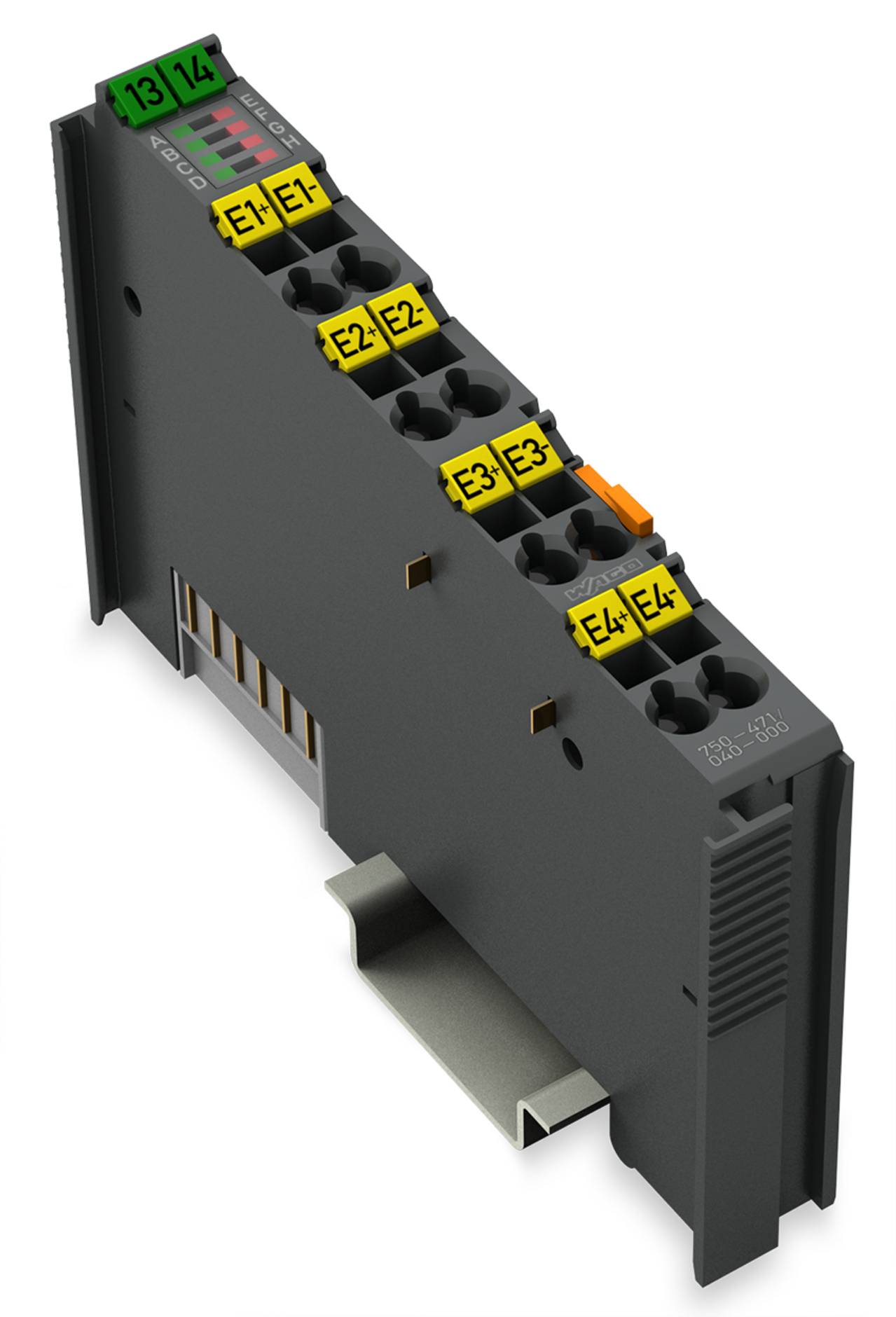Ein elektronisches Modul mit mehreren gekennzeichneten Anschlüssen 'E1' bis 'E4', auf einer DIN-Schiene montiert, mit Indikatoren mit den Nummern '13' und '14'.