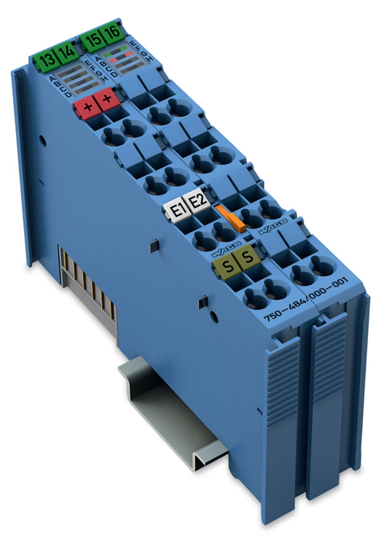 Ein blauer Elektroanschlussblock mit gekennzeichneten Anschlusspoints 'E1', 'E2', '+' und '-'. Er ist auf einer Schiene montiert und wird wahrscheinlich in Automatisierungssystemen verwendet.
