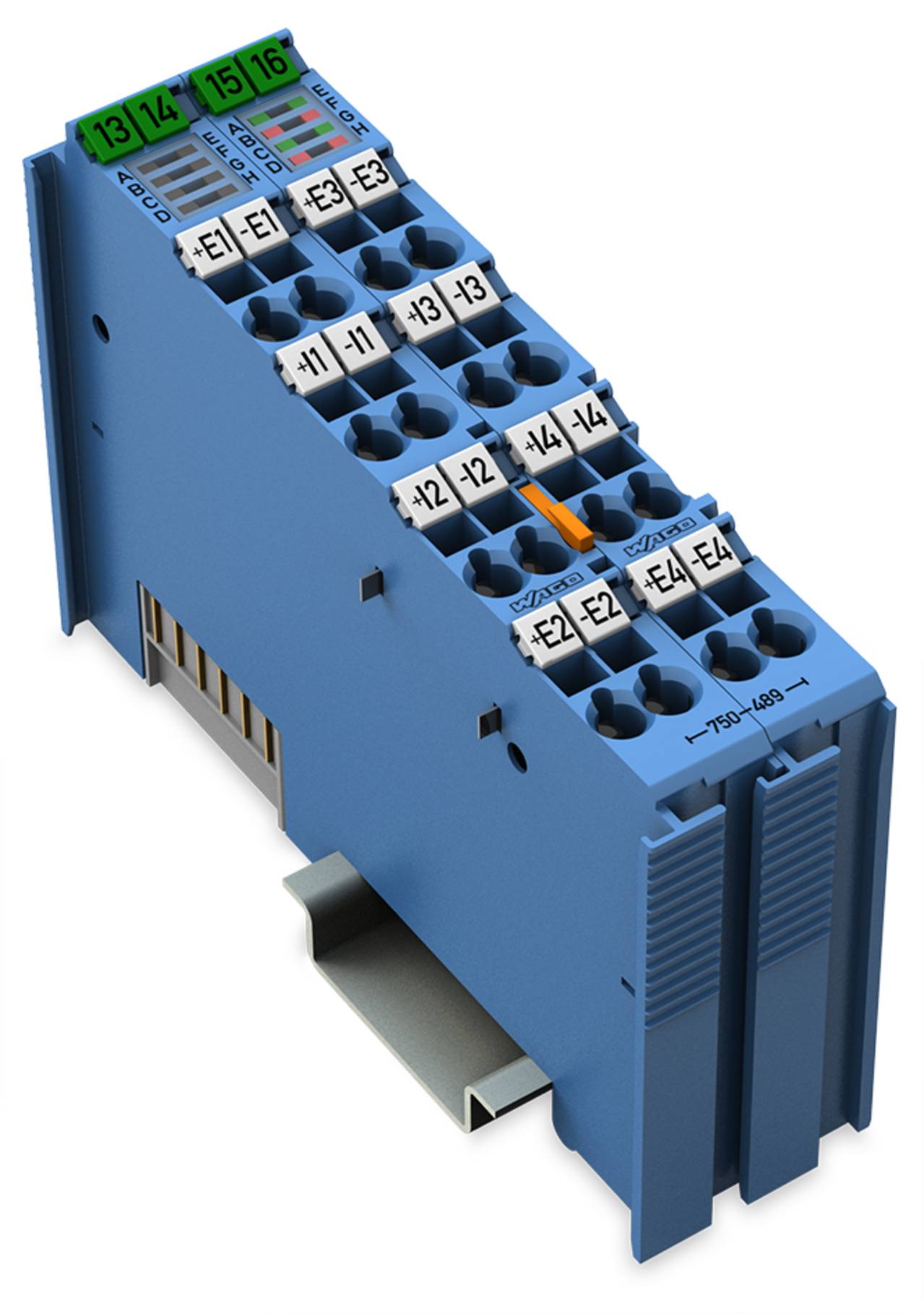 Ein blaues TSDX-4003-Gerät zum Verwalten elektrischer Ströme mit beschrifteten Anschlussklemmen mit den Nummern 13 bis 16 und Schlitzen für Drähte.