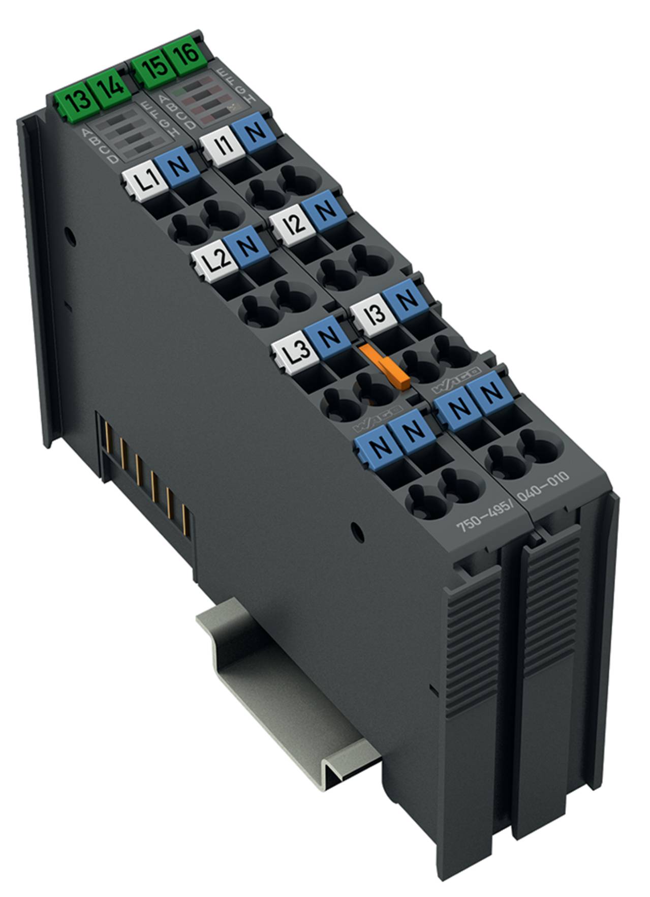 Ein Elektroklemmenblock-Modul mit beschrifteten Anschluss­punkten für Drähte, mit Abschnitten, die mit „L1