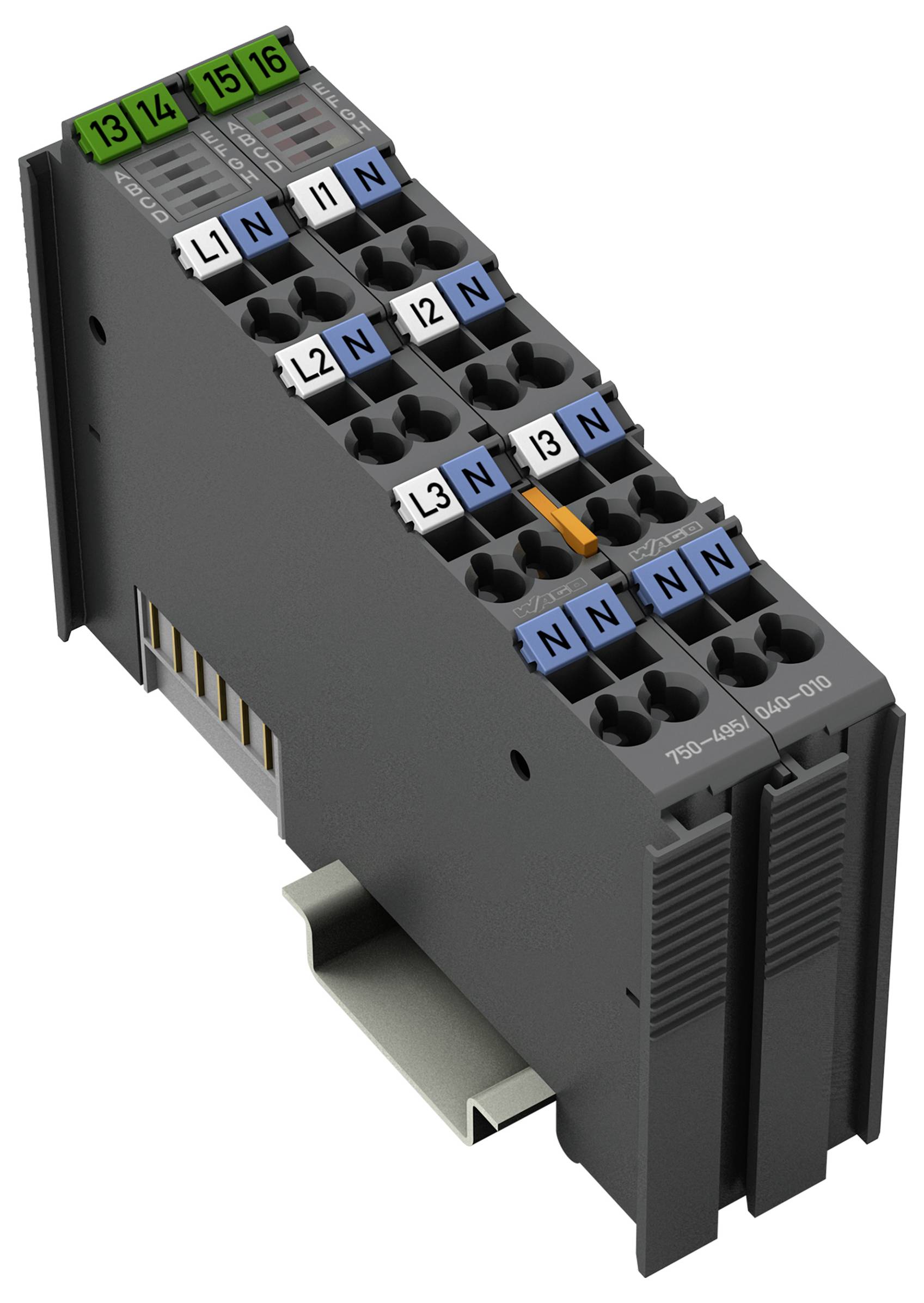 Ein grauer Stromverteilungsklemmenblock mit mehreren nummerierten und farbcodierten Anschlüssen für L1-, L2-, L3- und N-Phasen, montiert auf einer Schiene.