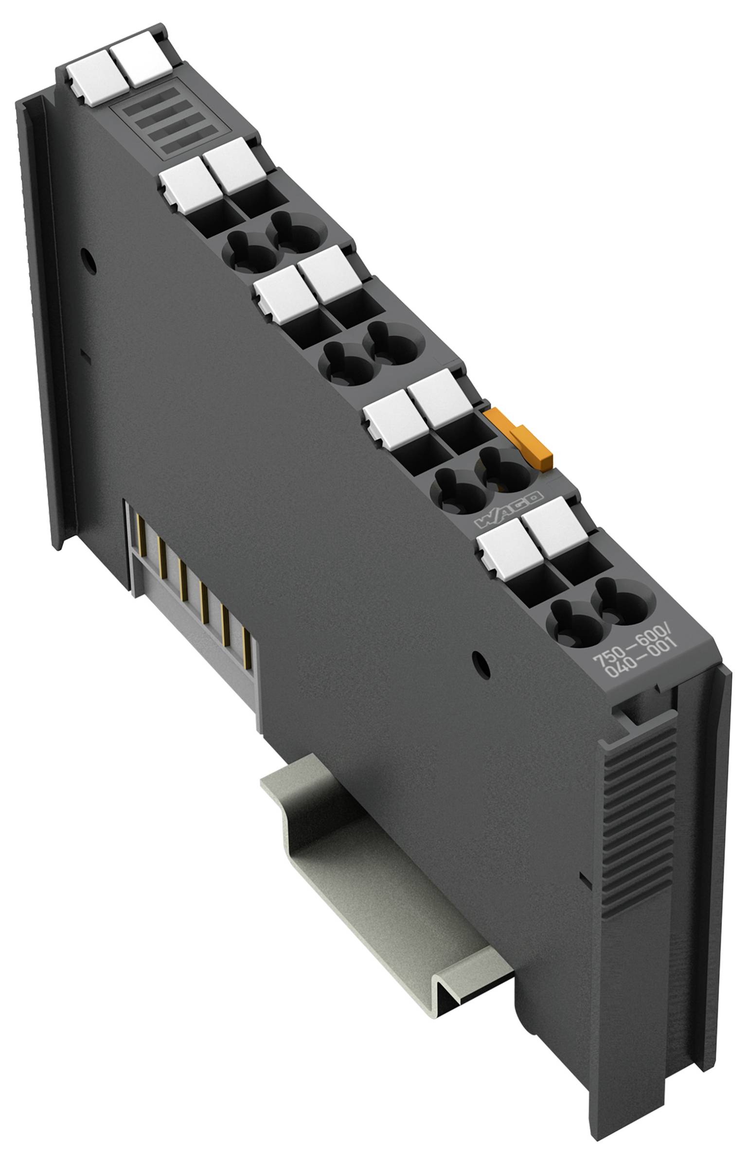 Ein schlankes, schwarzes Elektromodul mit Anschlüssen, mit gekennzeichneten Anschlüssen und einer Montageklammer, konzipiert für industrielle Anwendungen.