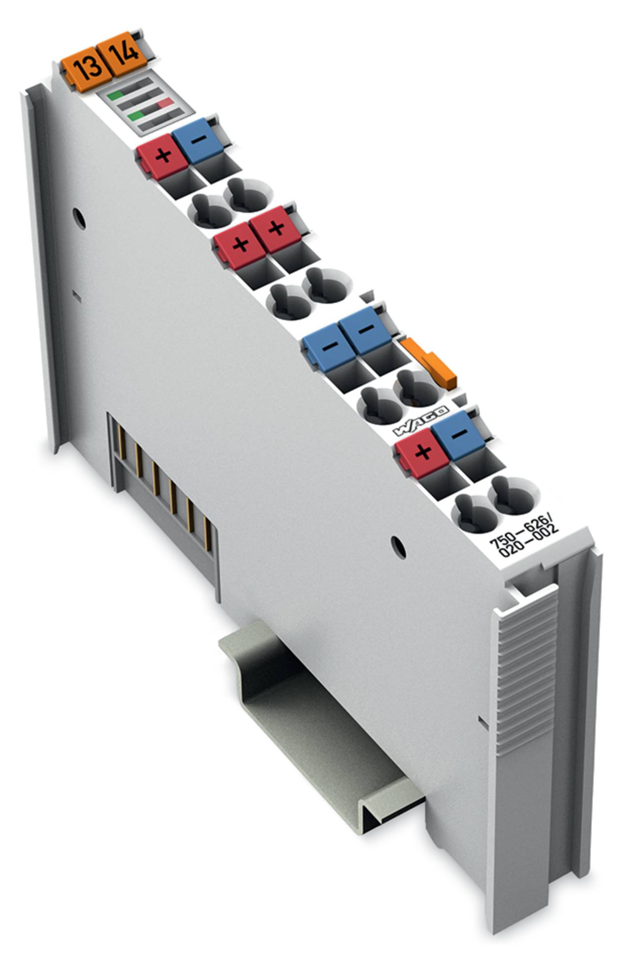 Ein kompaktes, graues elektronisches Gerät mit beschrifteten Anschlüssen und farbigen Steckverbindern, auf einer DIN-Schiene montiert, wird häufig in der Industrieautomation verwendet.