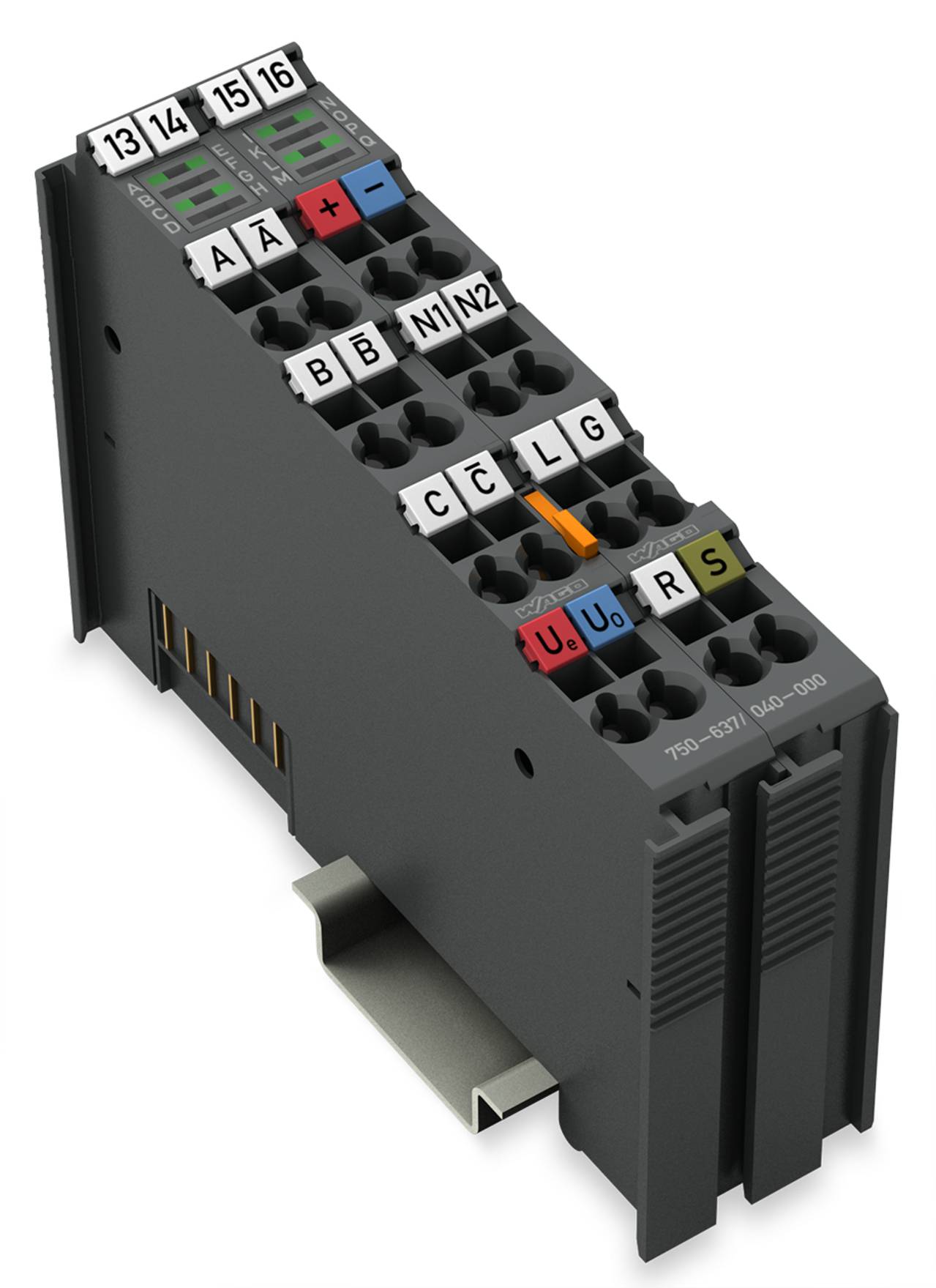 Ein kompaktes elektronisches Modul mit mehreren gekennzeichneten Anschlüssen, das für Industrie- oder Automatisierungszwecke verwendet wird. Verschiedene Symbole deuten auf Eingänge und Einstellungen hin.