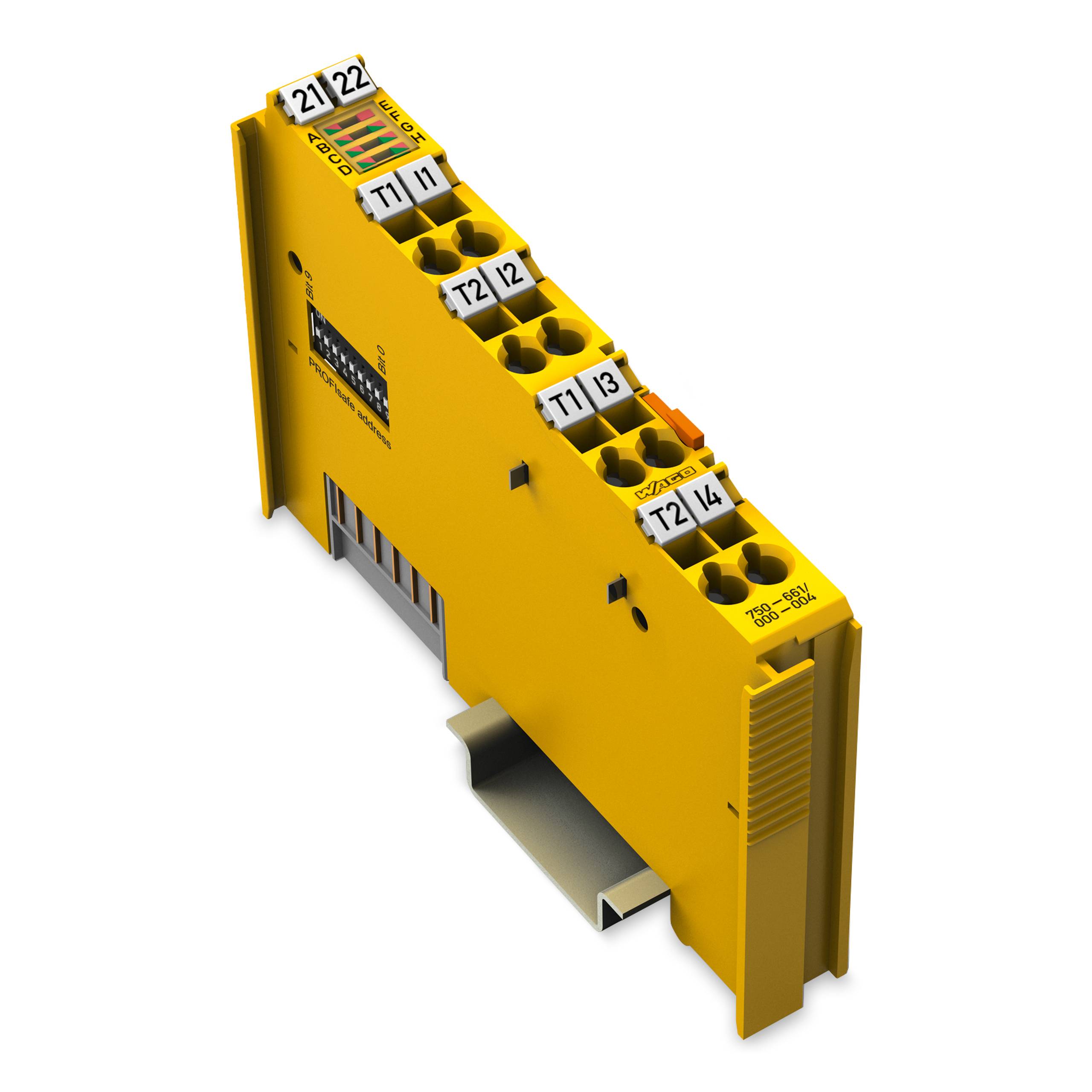 Ein gelbes industrielles Klemmenbrett mit den Bezeichnungen T1 bis T8, mit mehreren Anschlussanschlüssen, montiert auf einer Metallschiene.