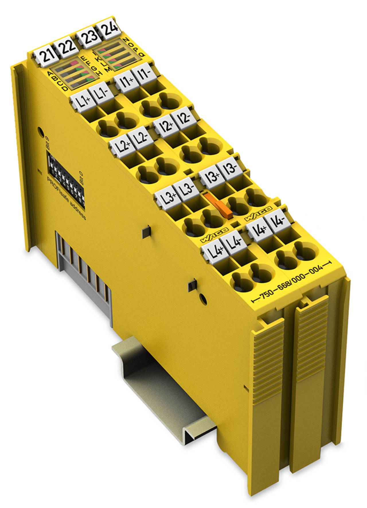 Ein gelbes industrielles Ein-/Ausgabemodul mit mehreren nummerierten Anschlussanschlüssen oben, entwickelt für die elektrische Verdrahtung in Automatisierungssystemen.