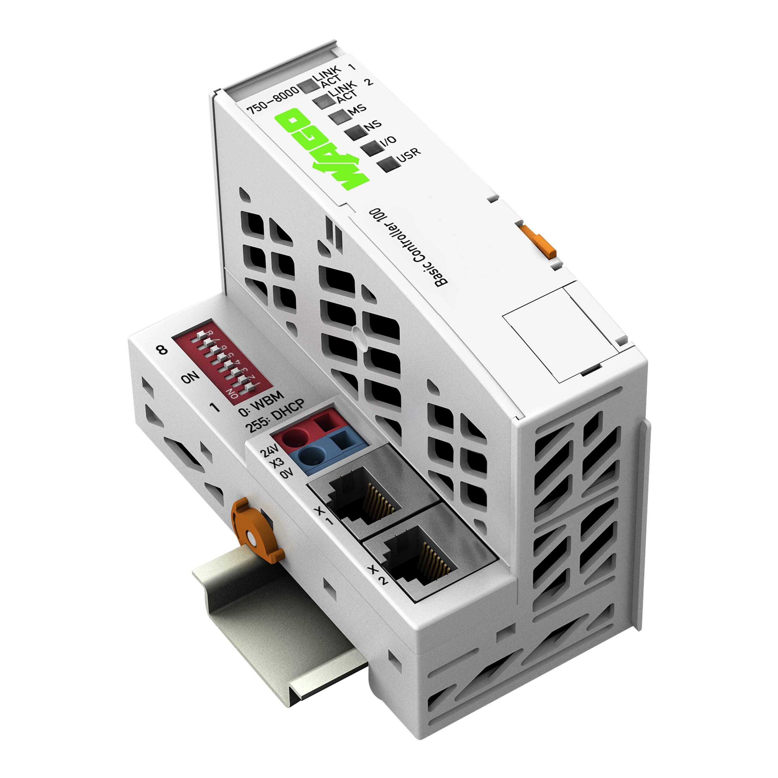 Ein WAGO-Controller mit Netzwerkanschlüssen, Anzeigelampen und gekennzeichneten Schaltern, der auf einer Metallschiene montiert ist und zur Verbindung von Automatisierungssystemen verwendet wird.