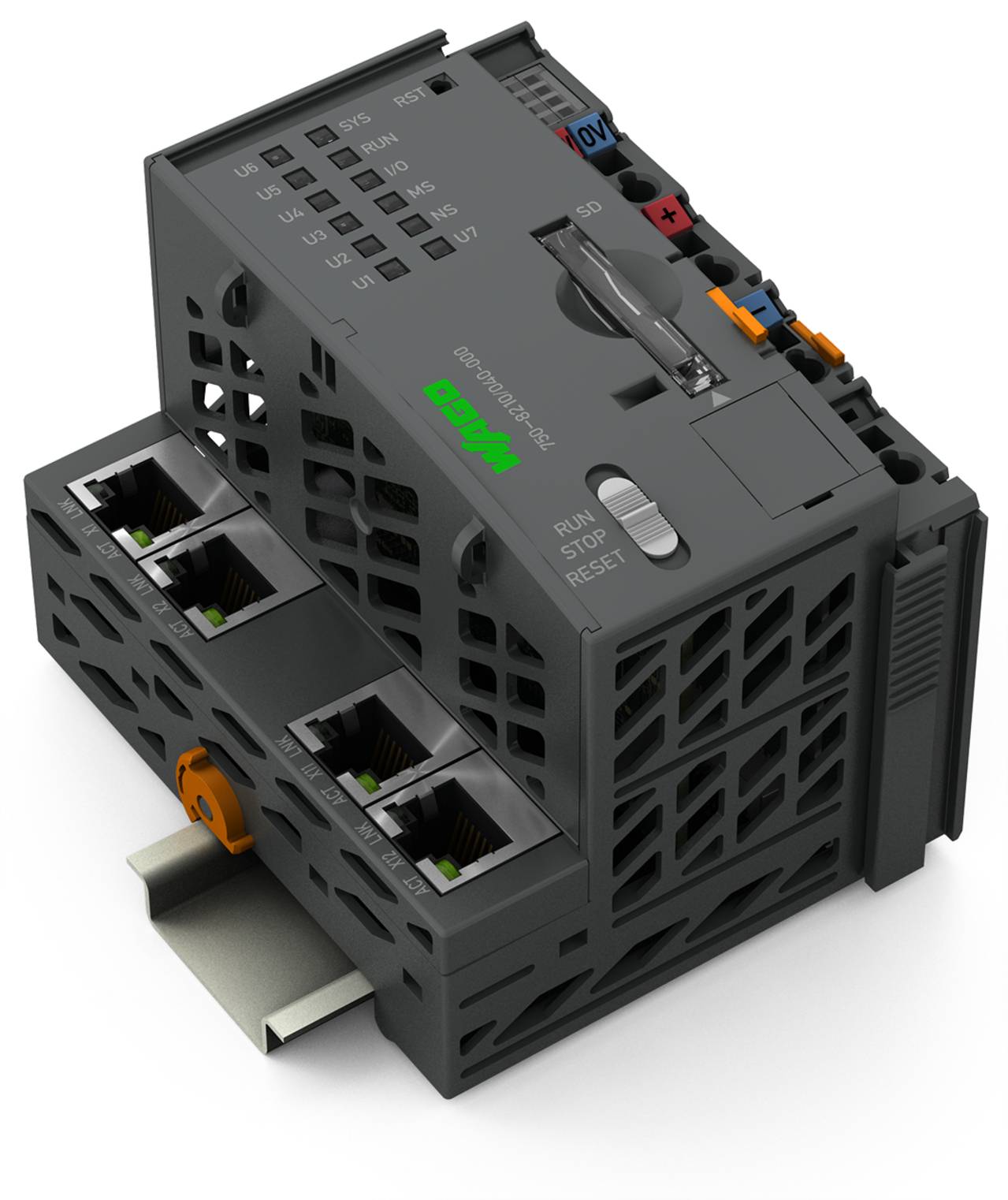 Ein graues elektronisches Modul mit Ethernet-Anschlüssen, Plus- und Minus-Markierungen und beschrifteten Steckplätzen, das in industriellen Steuerungssystemen verwendet wird.