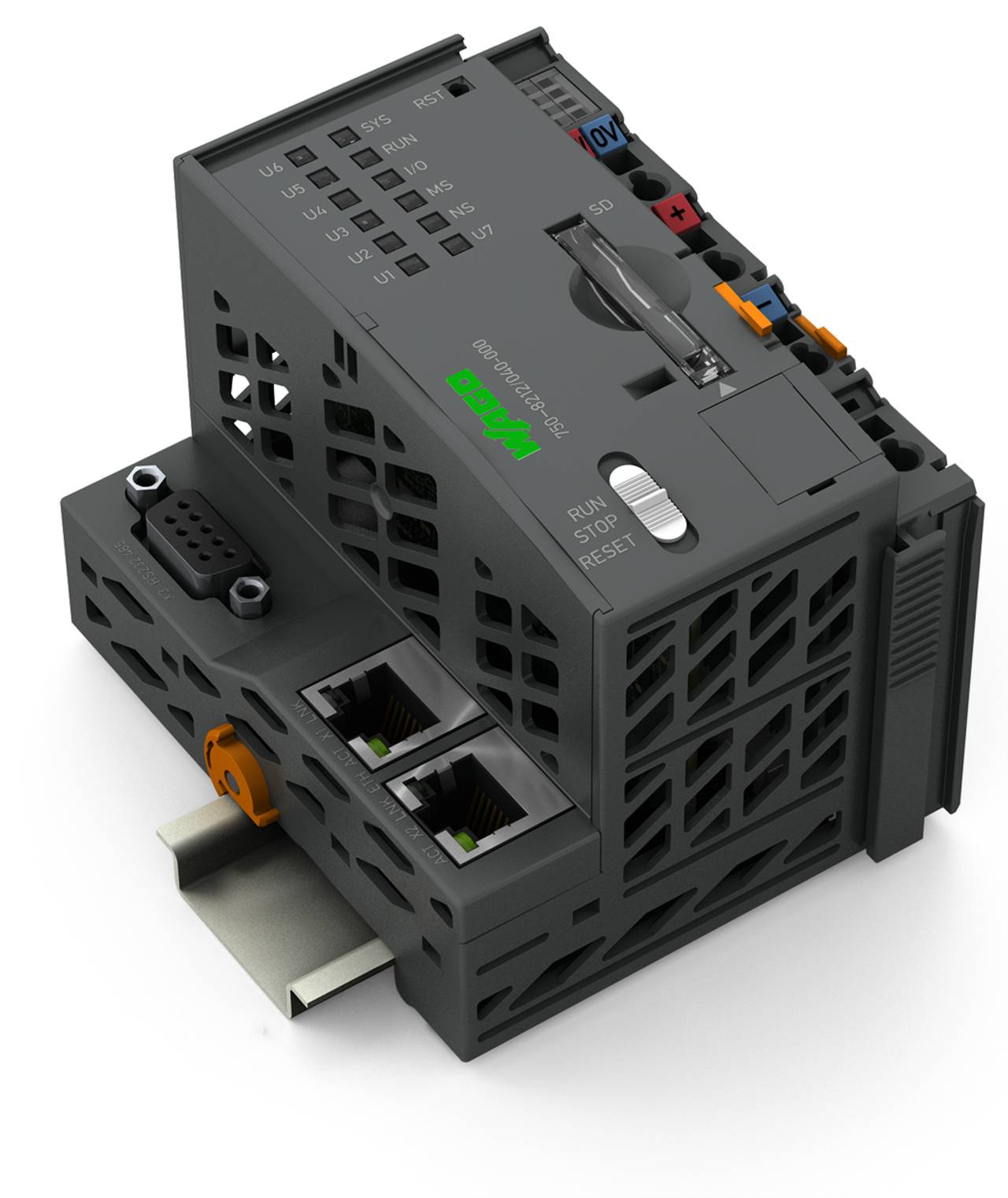 Ein kompakter, grauer Industrie-Automatisierungscontroller mit beschrifteten Steckplätzen, Ethernet-Anschlüssen und einer Schienenbefestigung, konzipiert für die Integration in Steuerungssysteme.