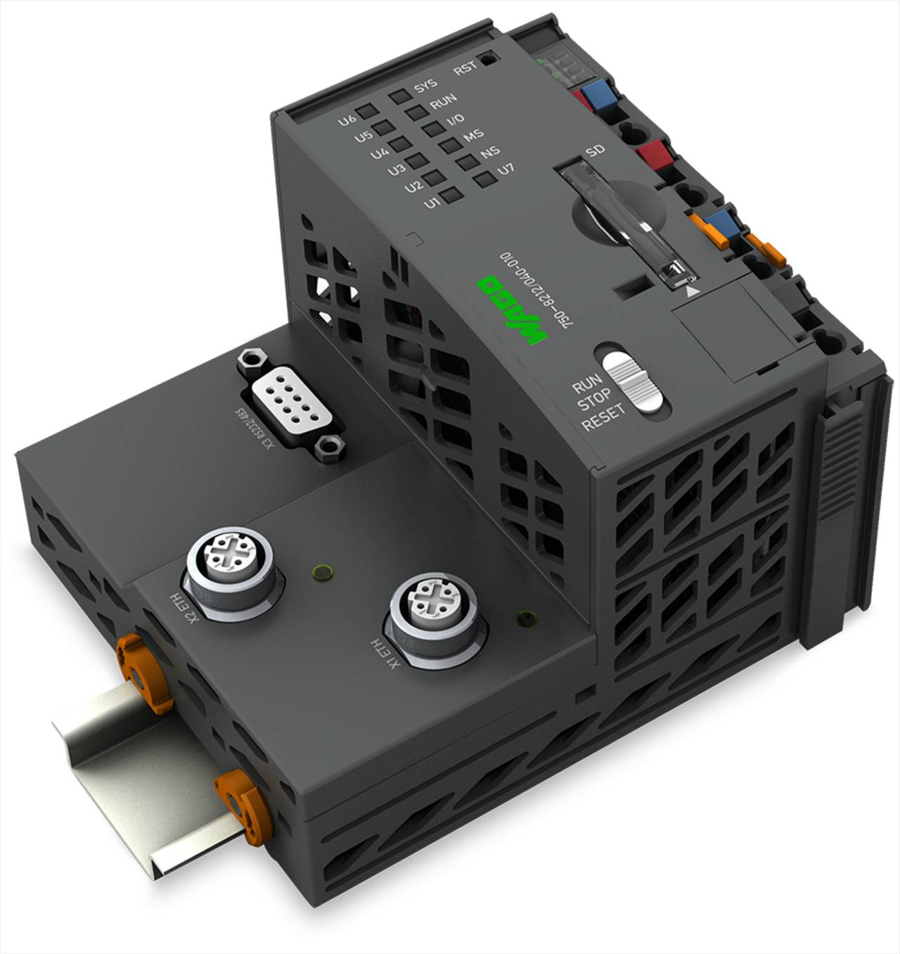 Ein grauer Industrie-Controller mit mehreren Anschlüssen, Tasten und Kontrollleuchten, beschriftet mit „RUN
