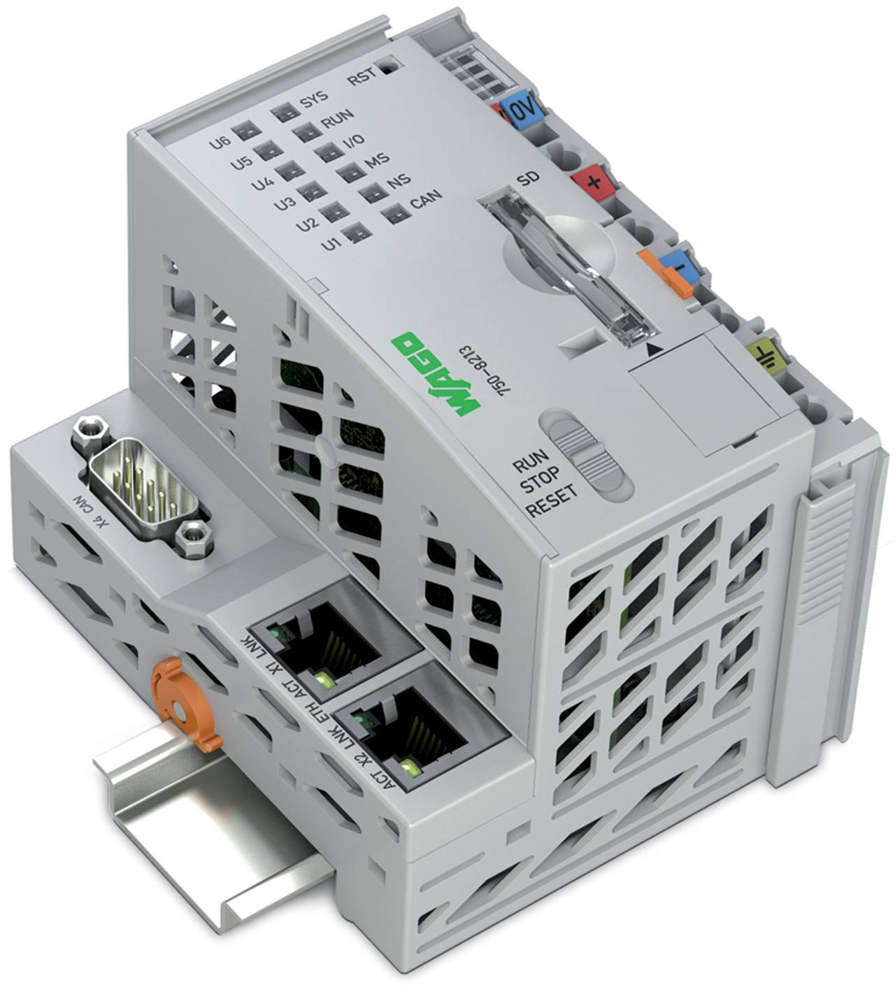 Industrielles Automatisierungssteuermodul mit verschiedenen Anschlüssen, beschrifteten Schaltern und belüftetem Design für Konnektivität und Systemsteuerung.