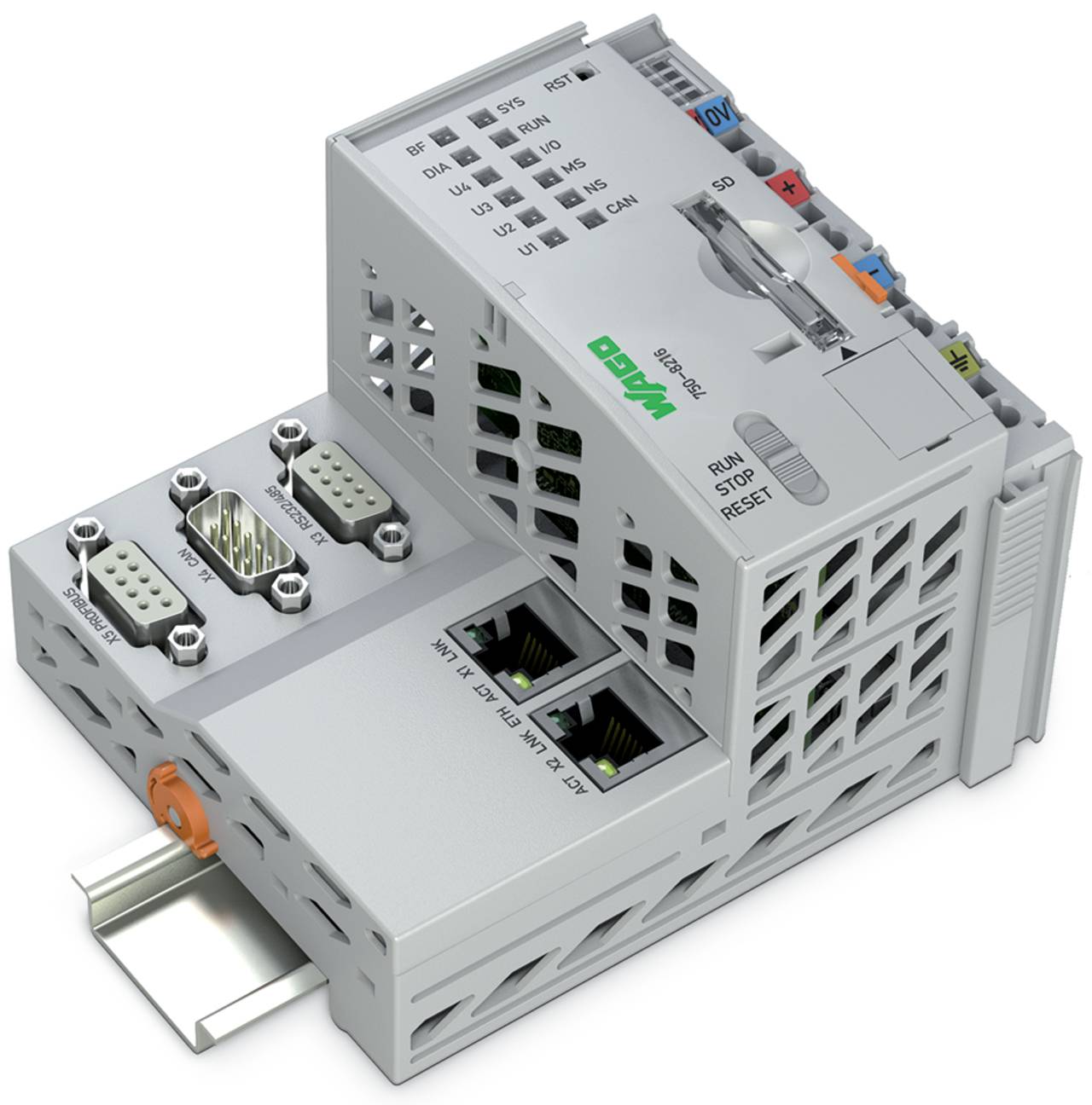 Ein kompakter modularer Automatisierungscontroller mit Ethernet- und Seriellports, der für industrielle Steuerungs- und Kommunikationsanwendungen verwendet wird.