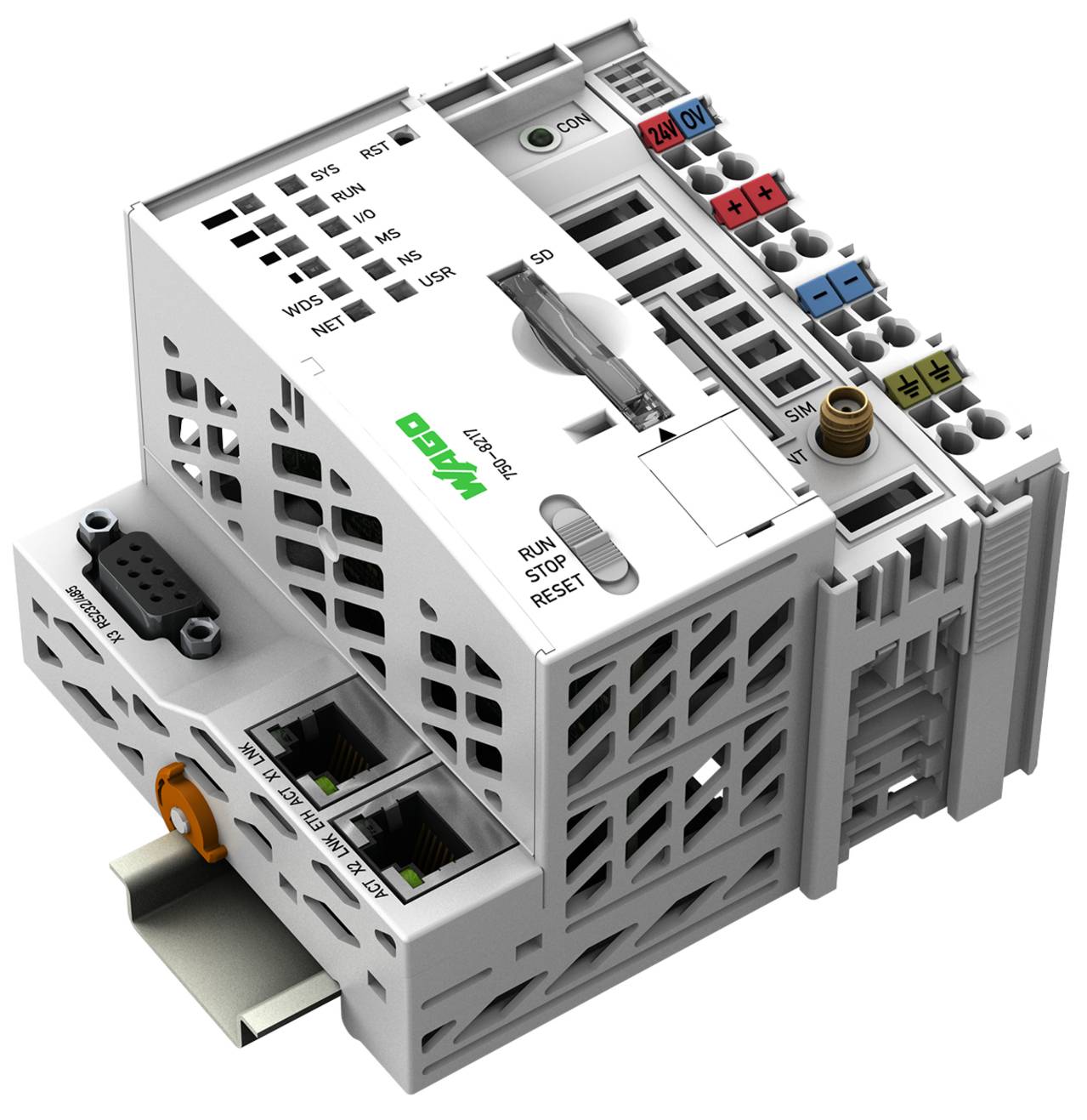 Ein kompakter Industrie-Controller mit beschrifteten Anschlüssen und Schaltern, mit modularem Design für Automatisierungs- und Konnektivitätsanwendungen.