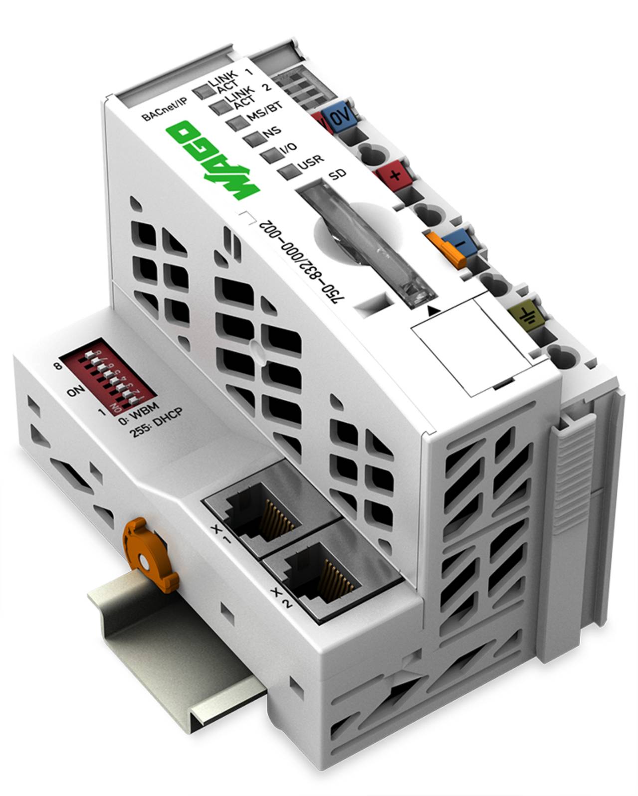 Ein kompaktes, weißes elektronisches Modul mit mehreren Anschlüssen, Schaltern und einer Hutschiene, gekennzeichnet mit 'WAGO' in Grün.