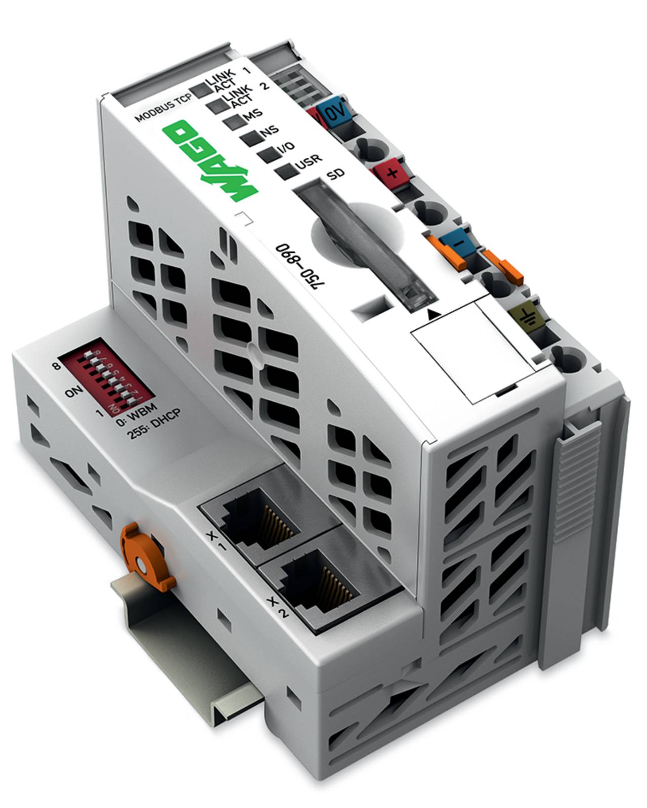 Ein modulares elektronisches Gerät mit Ethernet-Anschlüssen und gekennzeichneten Indikatoren, das für Netzwerkverbindungen und Automatisierungssteuerung verwendet wird.
