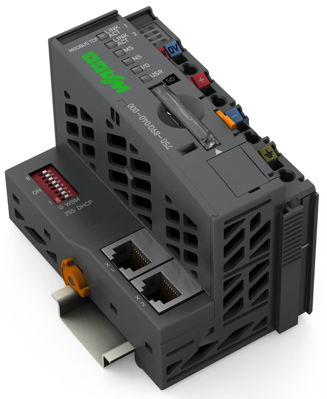 Ein graues Modul zur Industrieautomation mit zwei Ethernet-Anschlüssen, gekennzeichneten Indikatoren und einer Steckerleiste oben, auf einer DIN-Schiene montiert.