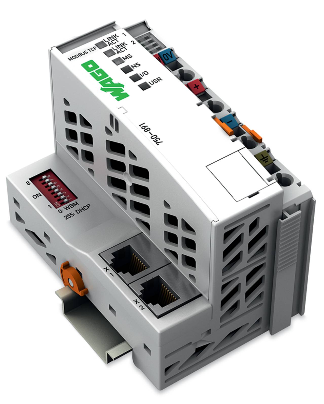 Programmierbares Automatisierungscontroller-Modul mit LED-Anzeigen, Ethernet-Anschlüssen und DIP-Schaltern für Industrieanwendungen.
