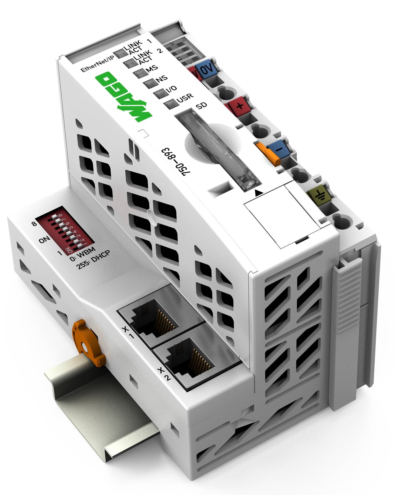 WAGO Ethernet Controller mit beschrifteten Anschlüssen und Indikatoren, auf einer DIN-Schiene montiert, wird für industrielle Automatisierung und Datenkontrolle verwendet.