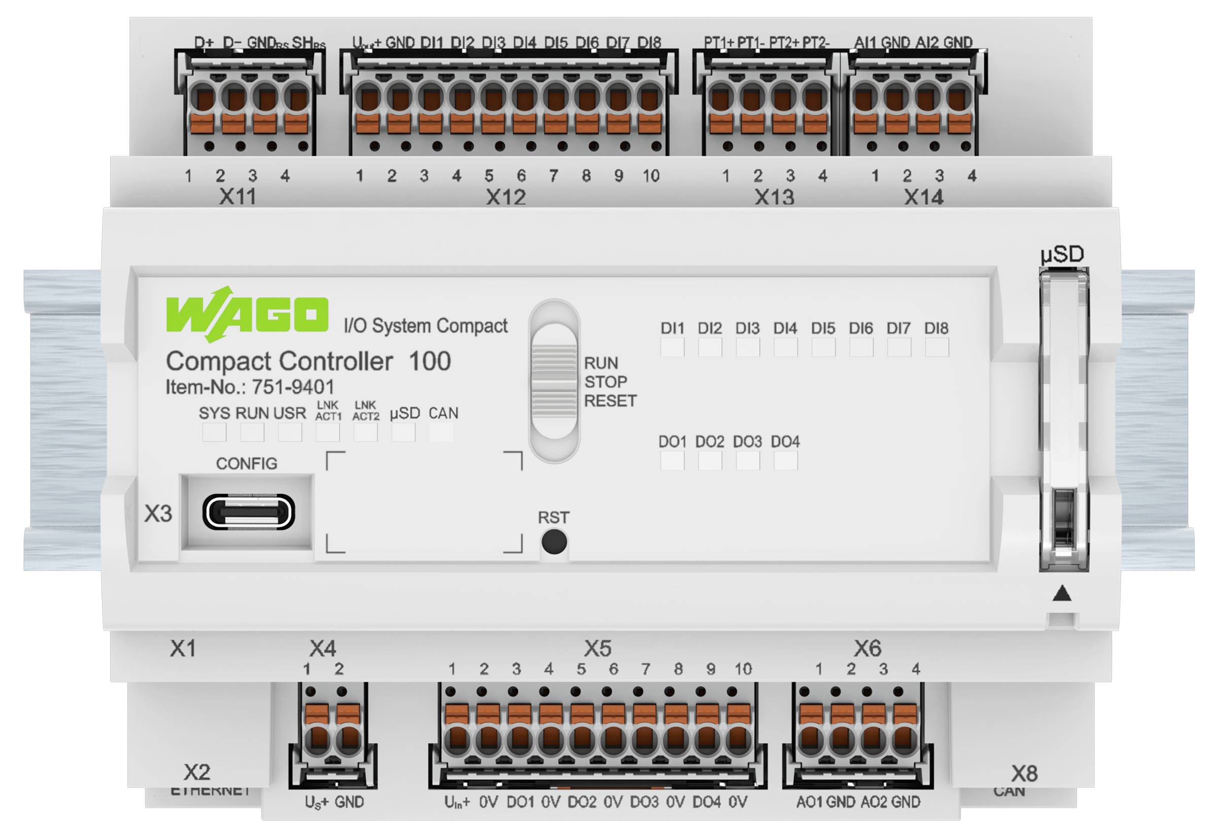 Ein weißer WAGO Compact Controller 100 mit verschiedenen Anschlüssen und Steckverbindern ist auf einer Schiene montiert. Er enthält Beschriftungen für Konfiguration und Systemstatus.
