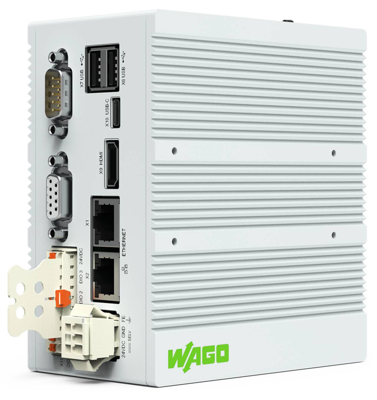 Ein weißes Industriesteuergerät mit mehreren Anschlüssen, darunter USB, Ethernet und serielle Verbindungen, mit der Marke „WAGO