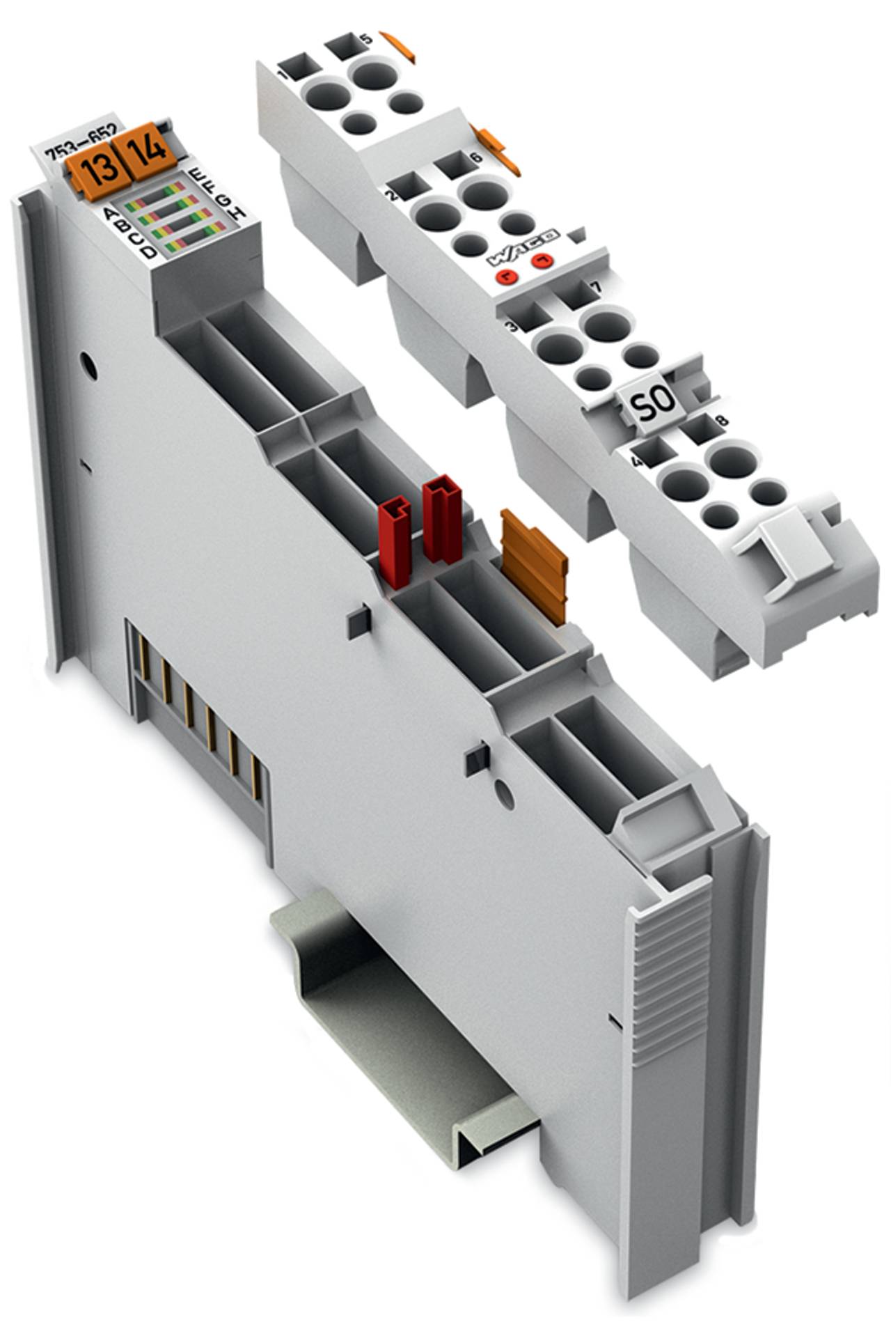 Eine modulare elektronische Komponente mit beschrifteten Verbindungen und Anschlüssen, die einen abnehmbaren oberen Abschnitt für Verkabelungsflexibilität aufweist.
