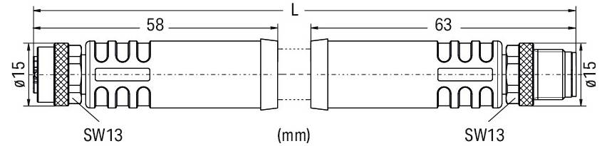Technische Zeichnung eines Steckers mit Abmessungen: Länge 58 mm auf einer Seite, 63 mm auf der anderen Seite, Durchmesser 15 mm. Mit SW13 gekennzeichnet.