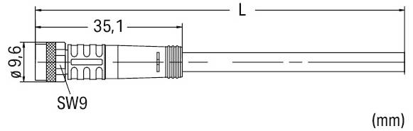 Technical drawing of a cylindrical connector with a threaded section. Dimensions noted: 35.1 mm length and 9.6 mm diameter.