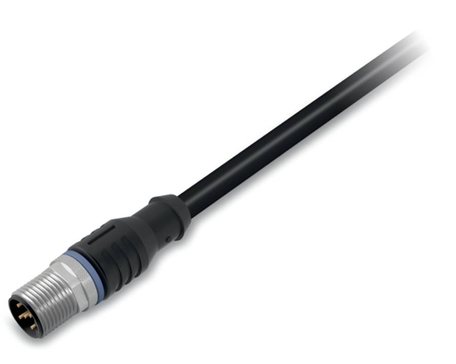 Ein schwarzes M12-Verbinderkabel mit metallisiertem Gewinde, das für Industrie- oder Automatisierungsanwendungen verwendet wird, auf weißem Hintergrund dargestellt.