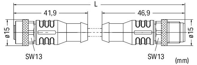 Eine technische Zeichnung eines symmetrischen Steckers mit Abmessungen: Länge (L), Breite 15mm und Schlüsselsegmente 41,9mm und 46,9mm.