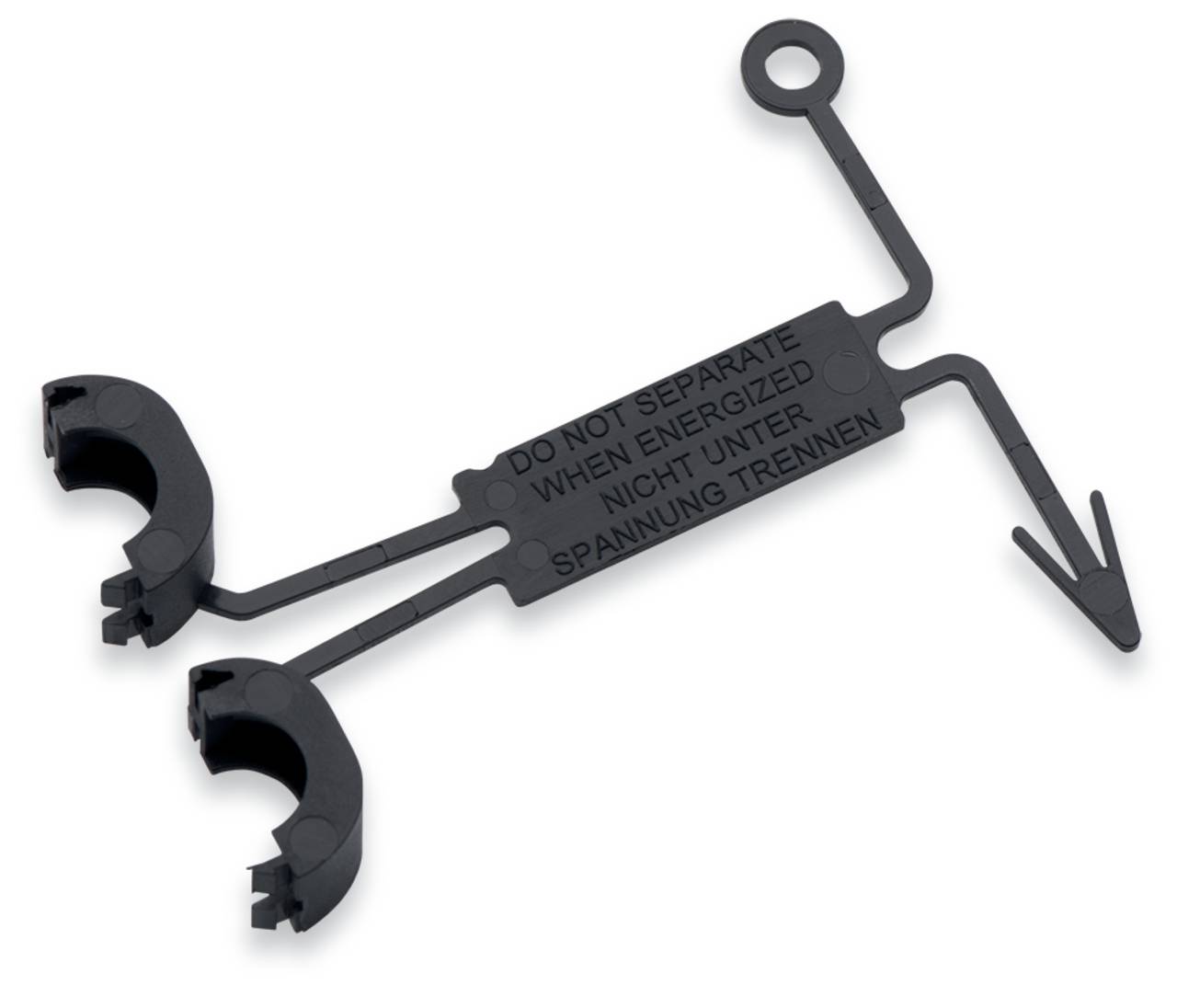 Schwarzer Kunststoff-Warnclip mit der Aufschrift „DO NOT SEPARATE WHEN ENERGIZED
