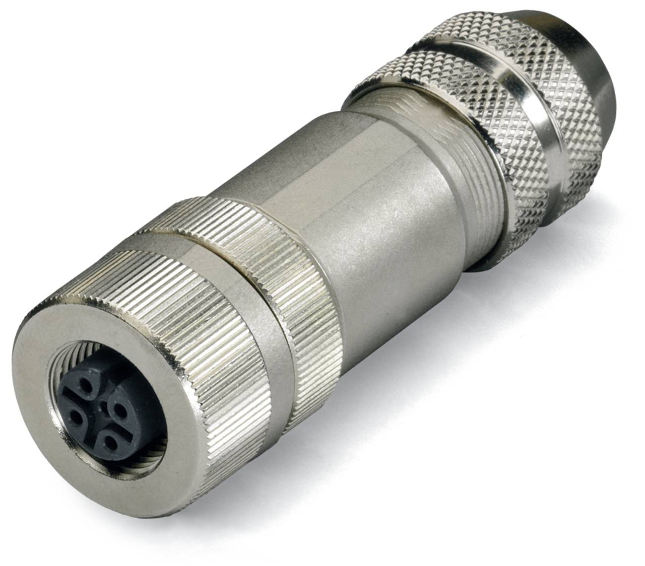 Ein zylindrischer Metallstecker mit gerilltem Griff und vier kreisförmigen Steckernuten.