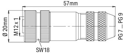 Technische Zeichnung eines zylindrischen Steckers, 57 mm lang, 20 mm Durchmesser. Beschriftungen: M12x1, PG 7-9, SW18.