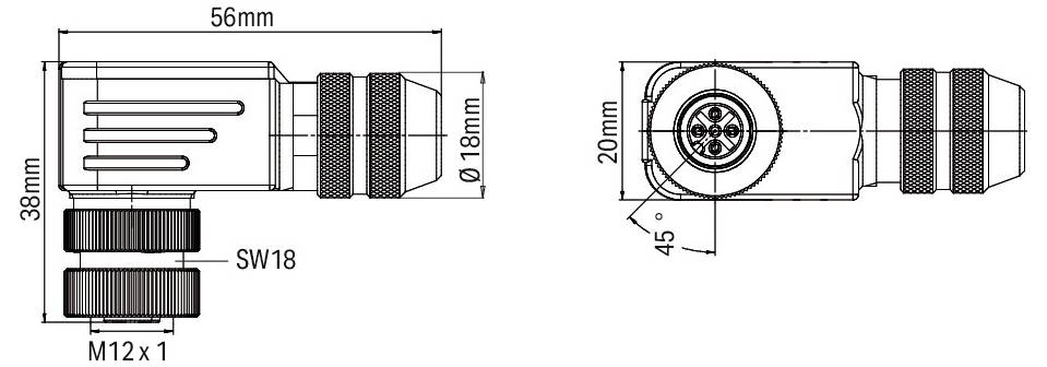 Technisches Schaltplan eines Steckers: Seitenansicht zeigt Abmessungen von 56mm x 38mm, Draufsicht gibt M12 x 1 Spezifikationen an, Rotationswinkel beträgt 45°.