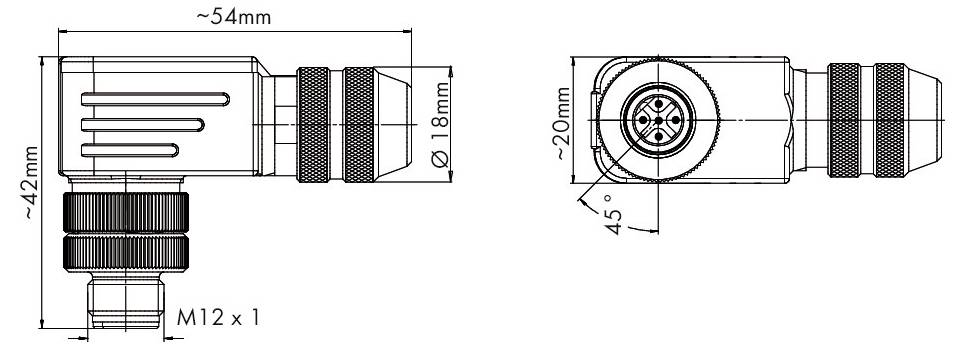 Technische Zeichnung eines rechtwinkligen elektrischen Steckers. Abmessungen sind 54 mm Länge, 42 mm Höhe, 18 mm Durchmesser, mit M12 x 1 Gewinde.