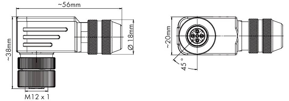 Technische Zeichnung eines elektrischen Steckers mit Abmessungen: Länge 56mm, Breite 18mm, Höhe 38mm. Zeigt Seiten- und Draufsicht.