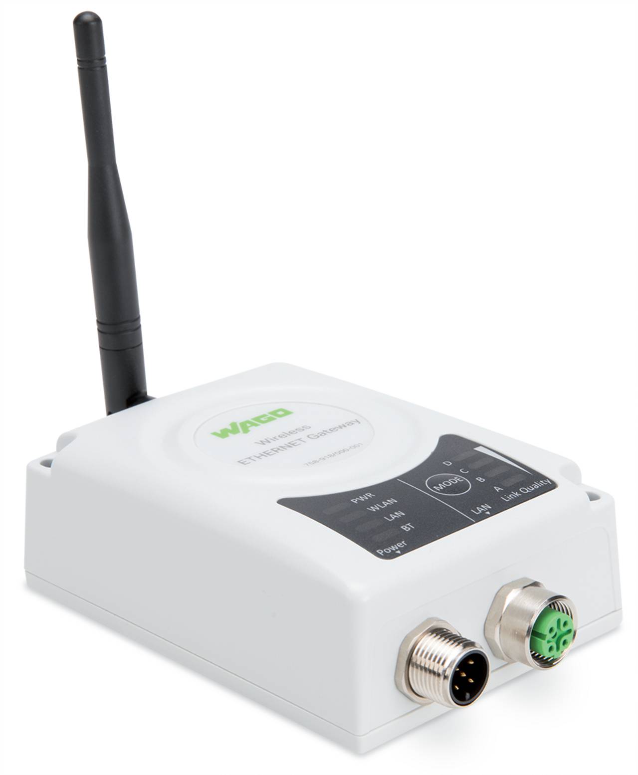 Ein weißes kabelloses Kommunikationsmodul mit Antenne, ausgestattet mit LAN- und Diagnose-Anschlüssen, das für industrielle Netzwerkanwendungen verwendet wird.