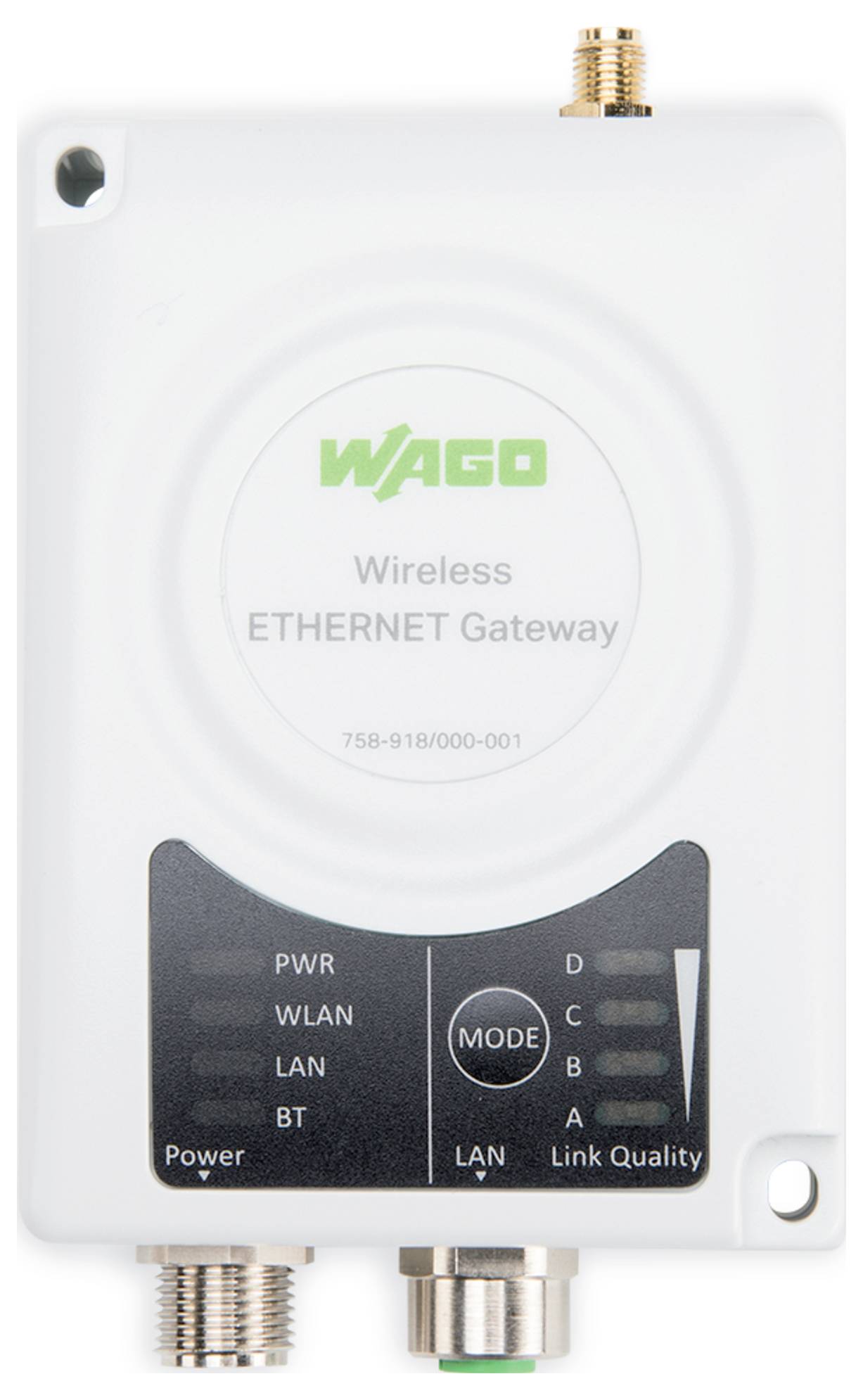 'WAGO Wireless ETHERNET Gateway' Gerät mit Anzeigelichtern und Anschlüssen für Stromversorgung, WLAN, LAN und Verbindungsqualität.