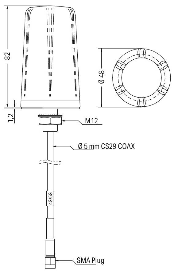 Technisches Diagramm einer zylindrischen Antenne mit einer Höhe von 82 mm und einem Durchmesser von 48 mm, ausgestattet mit einem M12-Stecker, Ø5 mm CS29 Koaxialkabel und SMA-Stecker.