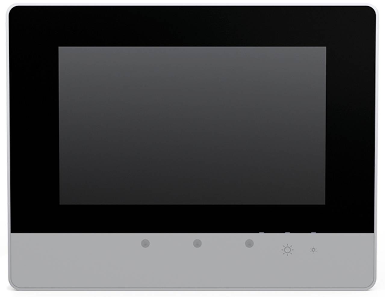 Touchscreen-Panel mit schwarzem Display und weißen Schaltflächen darunter, mit Helligkeit- und Stromschaltersteuerung.